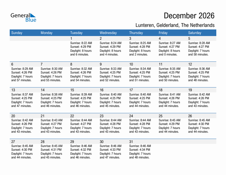 Lunteren December 2026 sunrise and sunset calendar in PDF, Excel, and Word