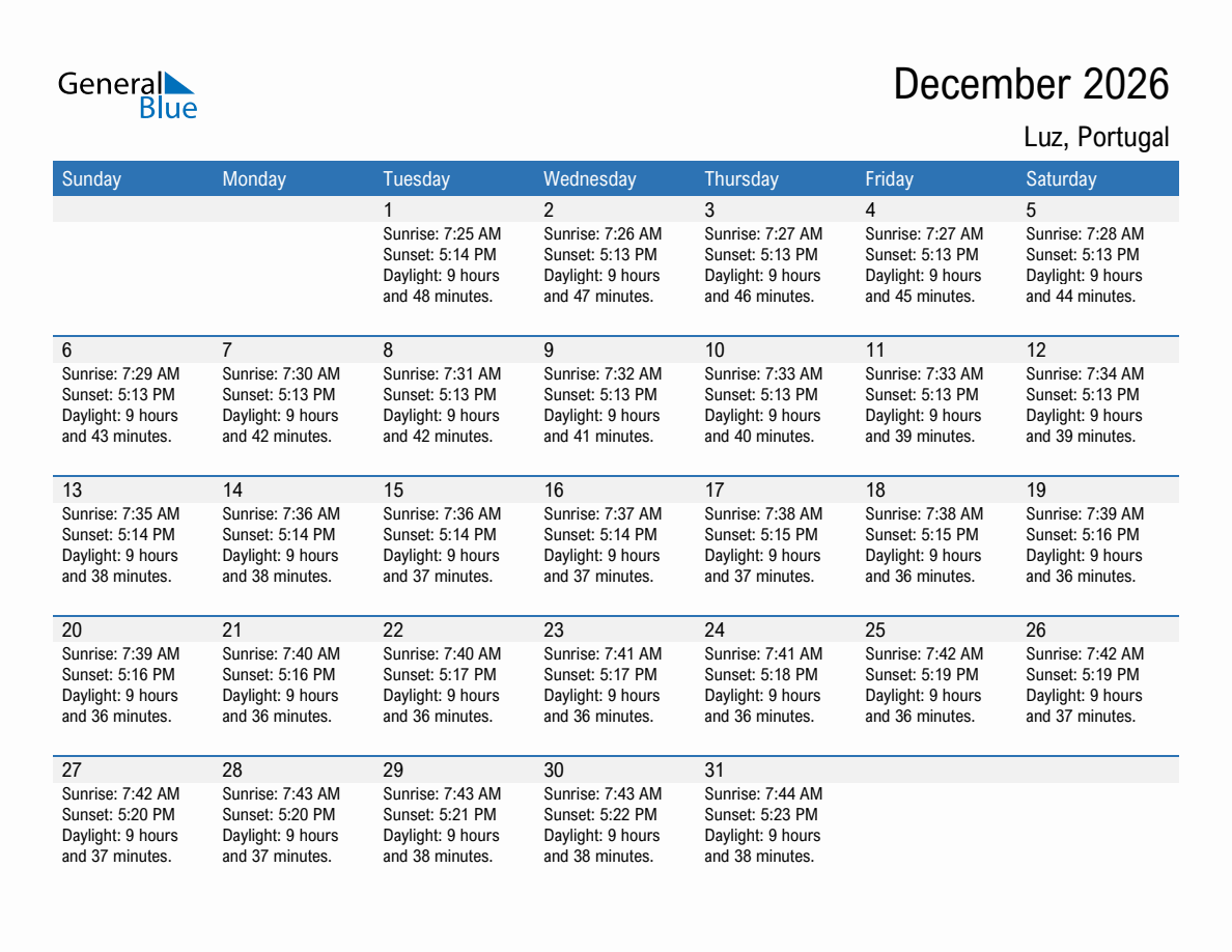 December 2026 sunrise and sunset calendar for Luz