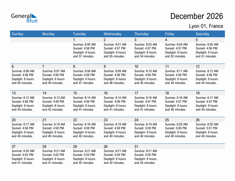 Lyon 01 December 2026 sunrise and sunset calendar in PDF, Excel, and Word