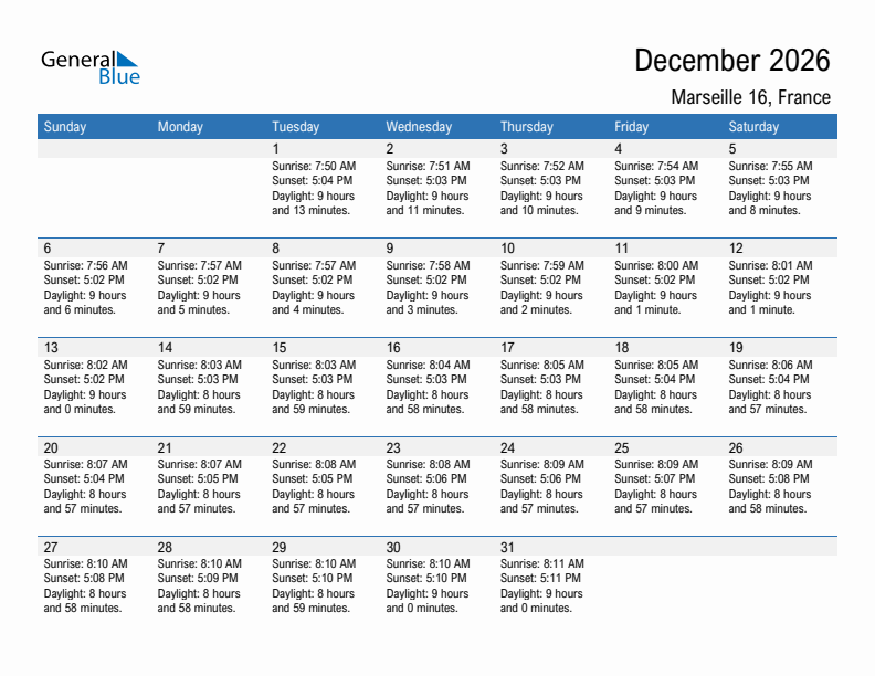 Marseille 16 December 2026 sunrise and sunset calendar in PDF, Excel, and Word