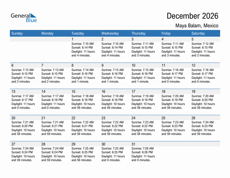 Maya Balam December 2026 sunrise and sunset calendar in PDF, Excel, and Word