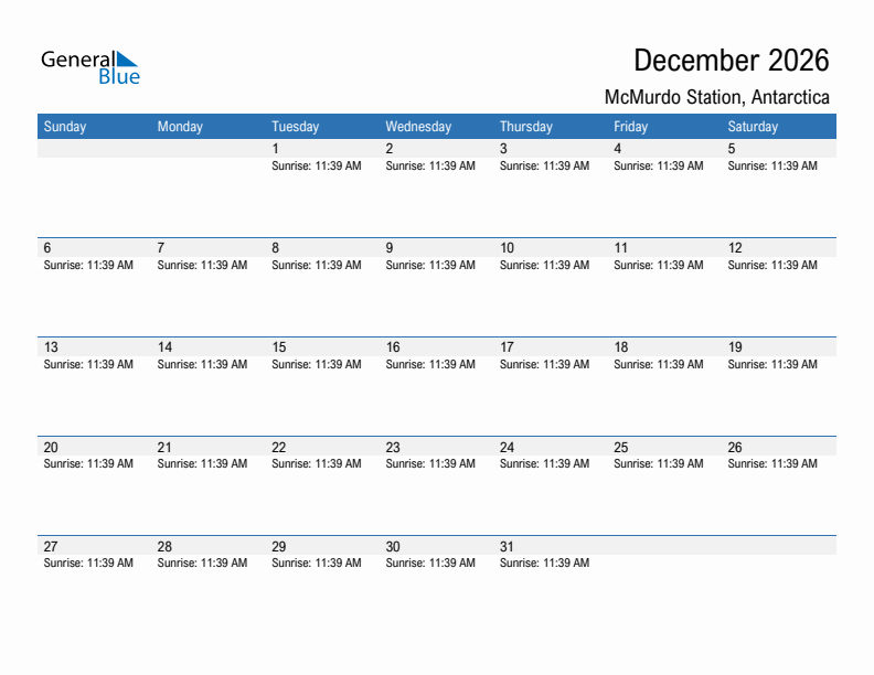 McMurdo Station December 2026 sunrise and sunset calendar in PDF, Excel, and Word