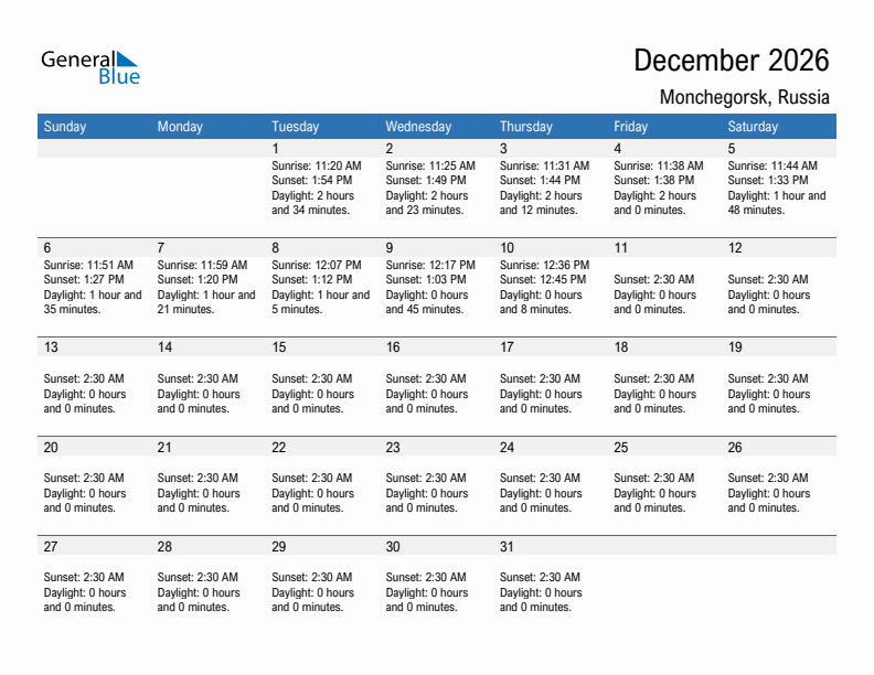 Monchegorsk December 2026 sunrise and sunset calendar in PDF, Excel, and Word