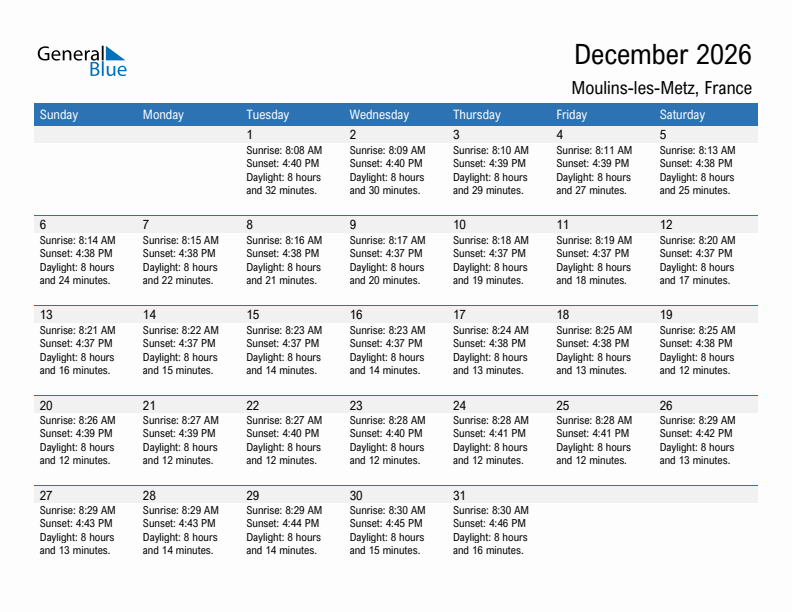 Moulins-les-Metz December 2026 sunrise and sunset calendar in PDF, Excel, and Word