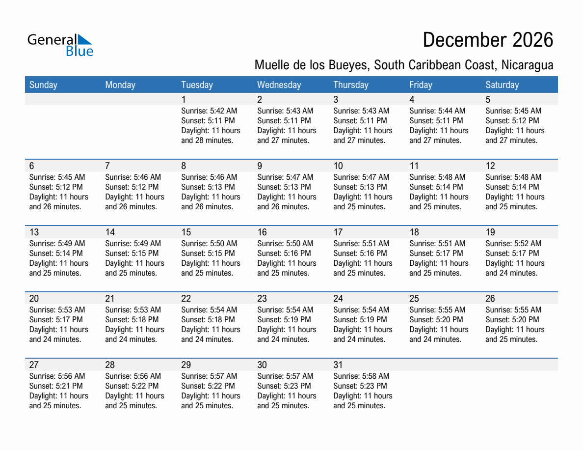 December 2026 sunrise and sunset calendar for Muelle de los Bueyes