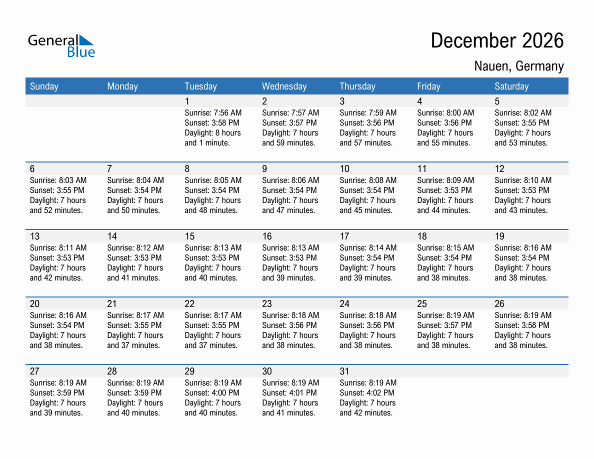 December 2026 sunrise and sunset calendar for Nauen