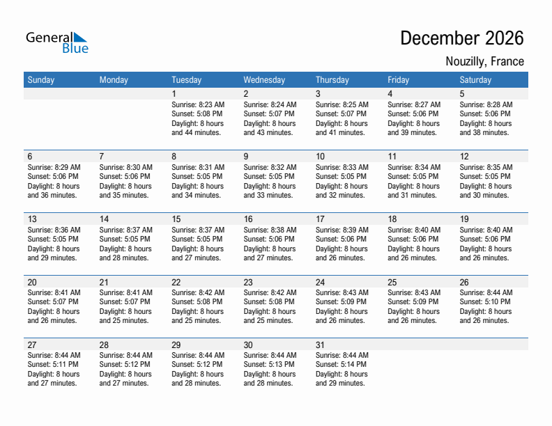 Nouzilly December 2026 sunrise and sunset calendar in PDF, Excel, and Word