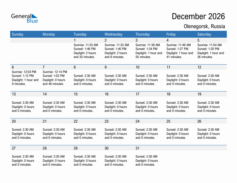 Olenegorsk December 2026 sunrise and sunset calendar in PDF, Excel, and Word