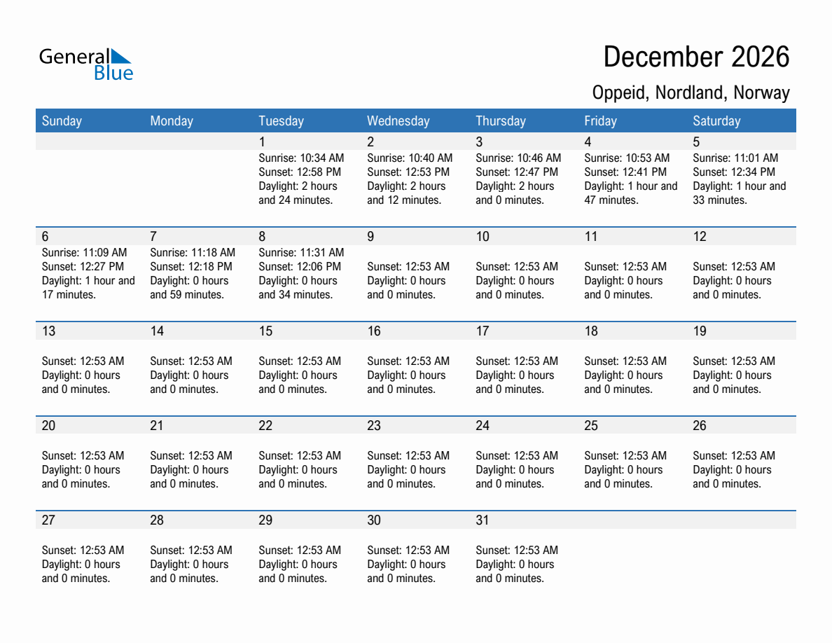 December 2026 sunrise and sunset calendar for Oppeid
