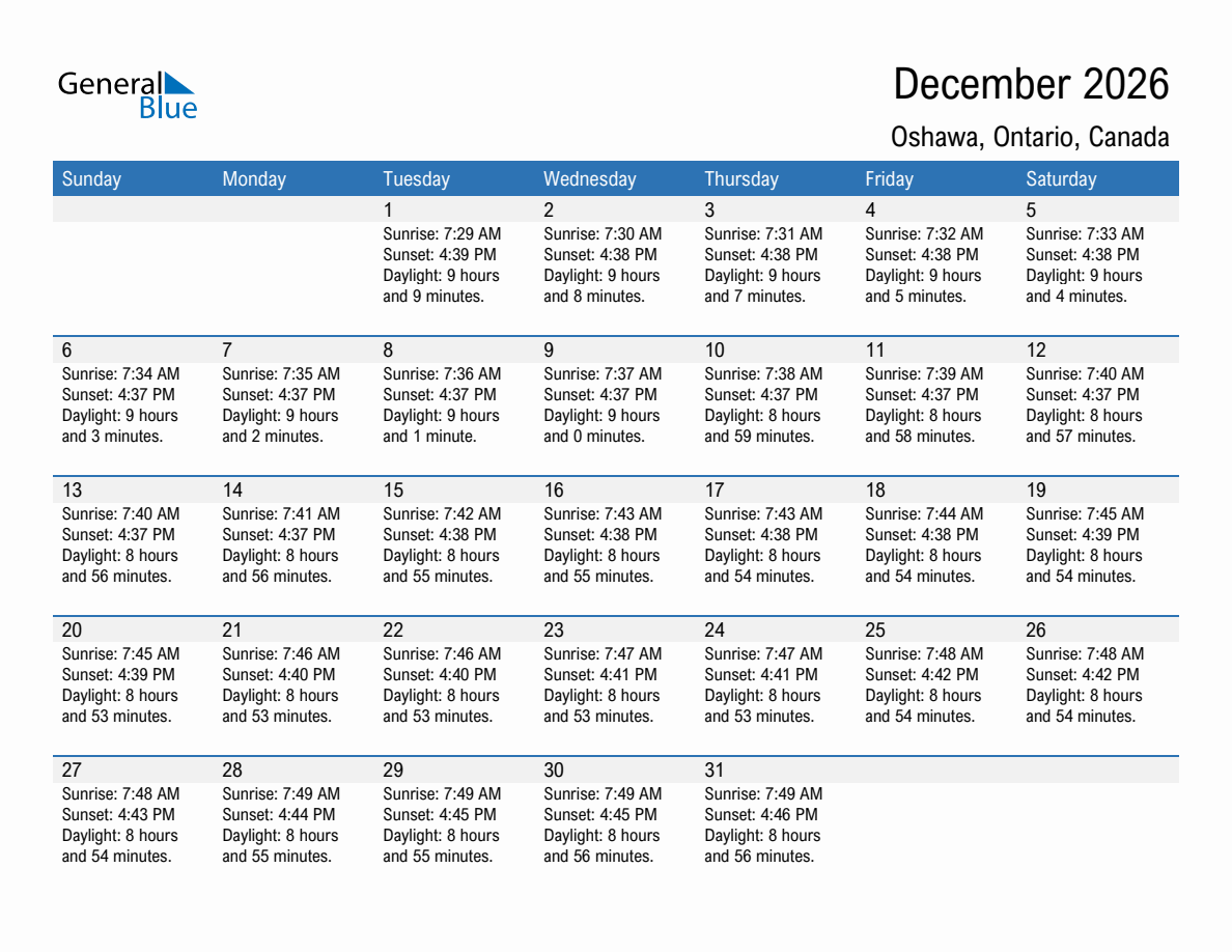 December 2026 sunrise and sunset calendar for Oshawa