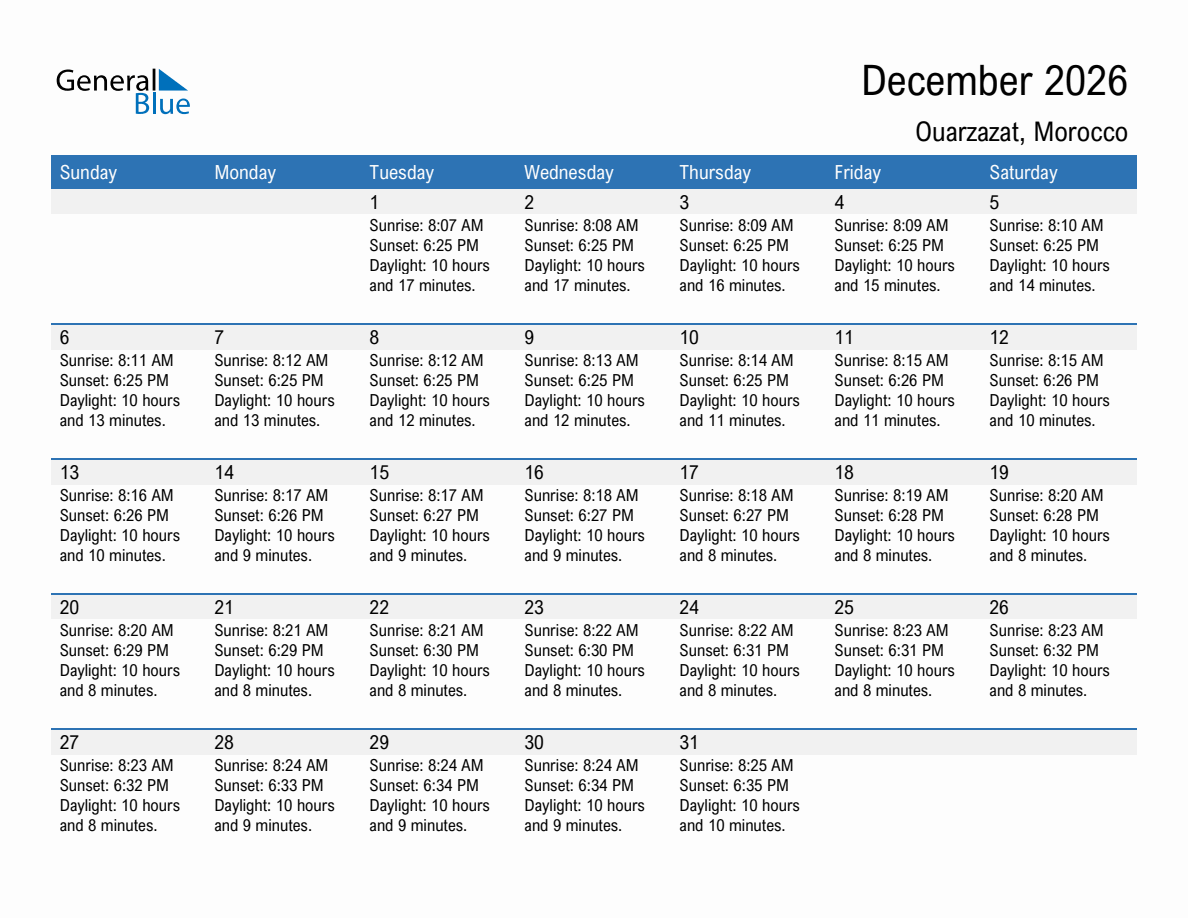 December 2026 sunrise and sunset calendar for Ouarzazat