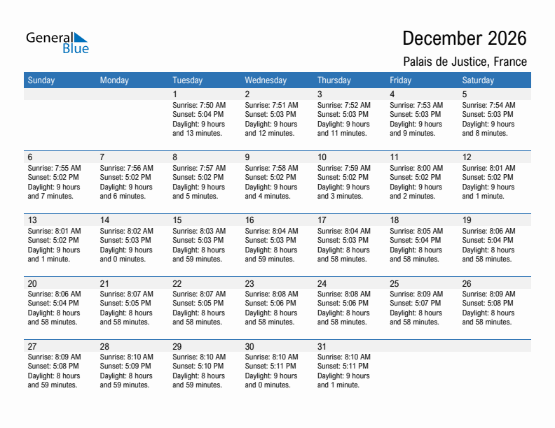 Palais de Justice December 2026 sunrise and sunset calendar in PDF, Excel, and Word