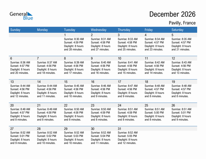 Pavilly December 2026 sunrise and sunset calendar in PDF, Excel, and Word