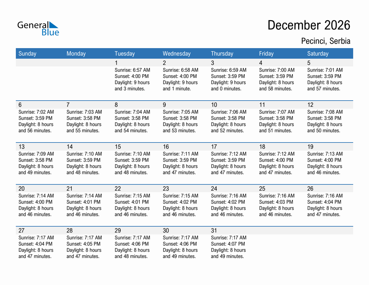 December 2026 sunrise and sunset calendar for Pecinci
