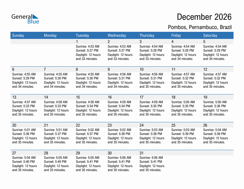 Pombos December 2026 sunrise and sunset calendar in PDF, Excel, and Word