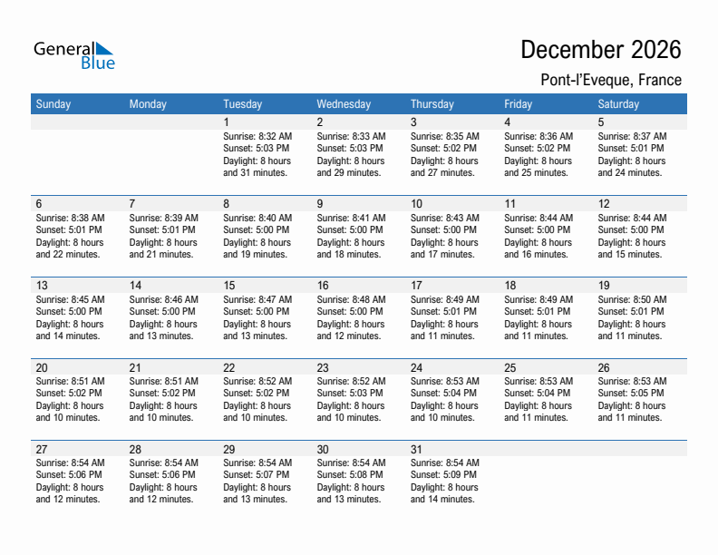 Pont-l'Eveque December 2026 sunrise and sunset calendar in PDF, Excel, and Word
