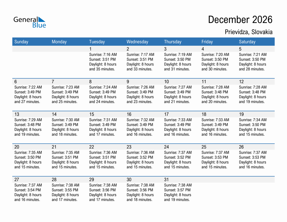 December 2026 sunrise and sunset calendar for Prievidza