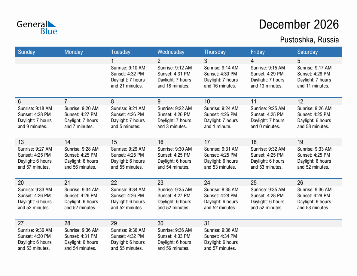 December 2026 sunrise and sunset calendar for Pustoshka