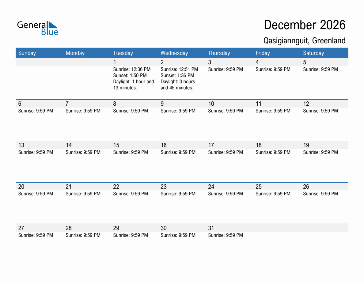 December 2026 sunrise and sunset calendar for Qasigiannguit
