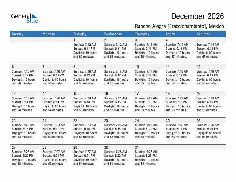 Rancho Alegre [Fraccionamiento] December 2026 sunrise and sunset calendar in PDF, Excel, and Word