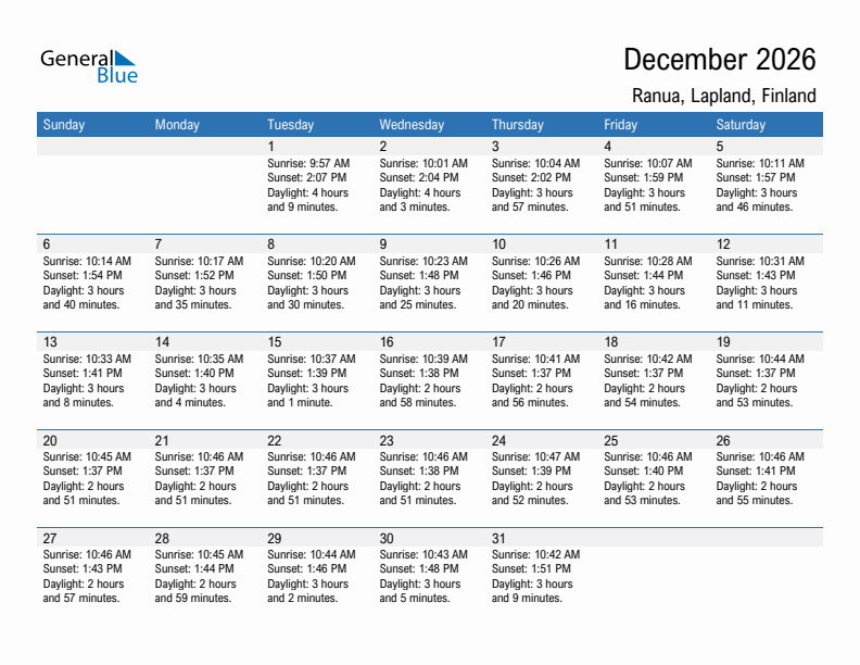 Ranua December 2026 sunrise and sunset calendar in PDF, Excel, and Word
