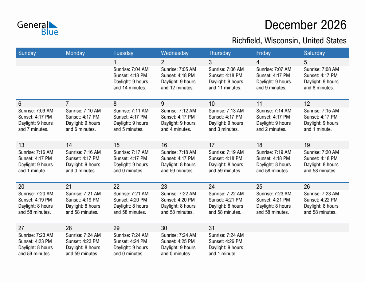 December 2026 sunrise and sunset calendar for Richfield