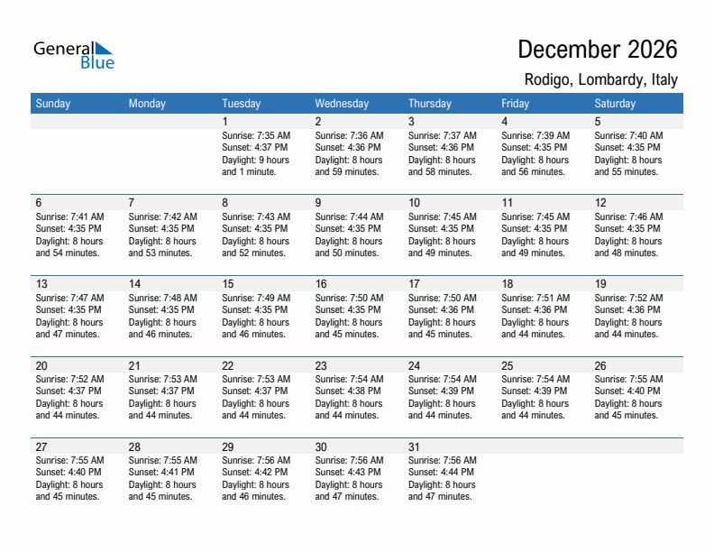 Rodigo December 2026 sunrise and sunset calendar in PDF, Excel, and Word