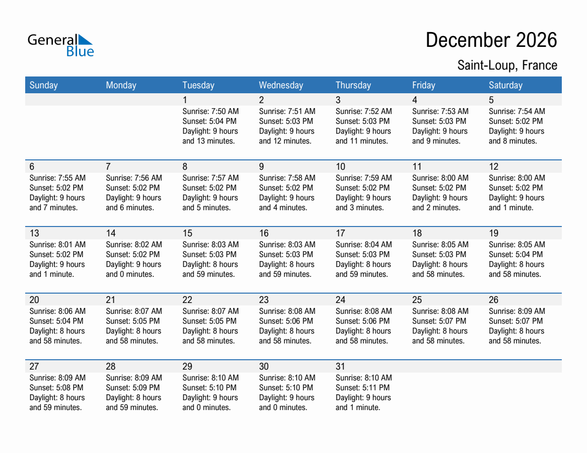 December 2026 sunrise and sunset calendar for Saint-Loup