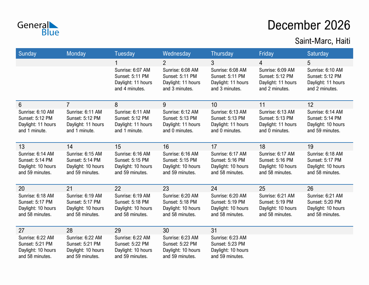 December 2026 sunrise and sunset calendar for Saint-Marc