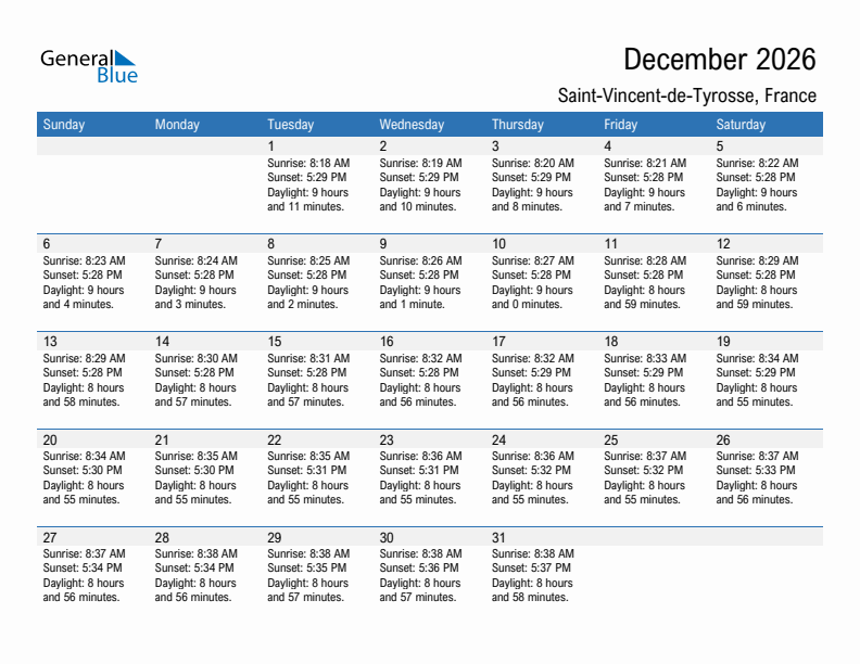 Saint-Vincent-de-Tyrosse December 2026 sunrise and sunset calendar in PDF, Excel, and Word
