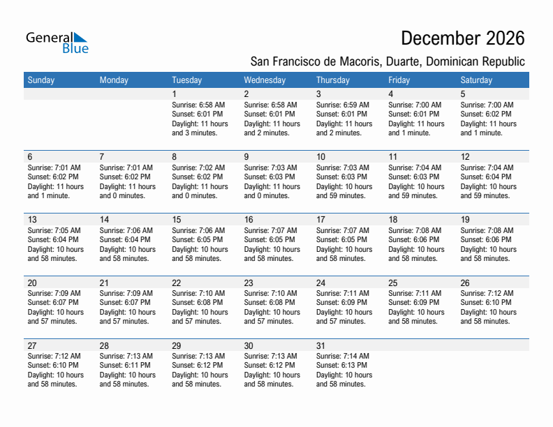 San Francisco de Macoris December 2026 sunrise and sunset calendar in PDF, Excel, and Word