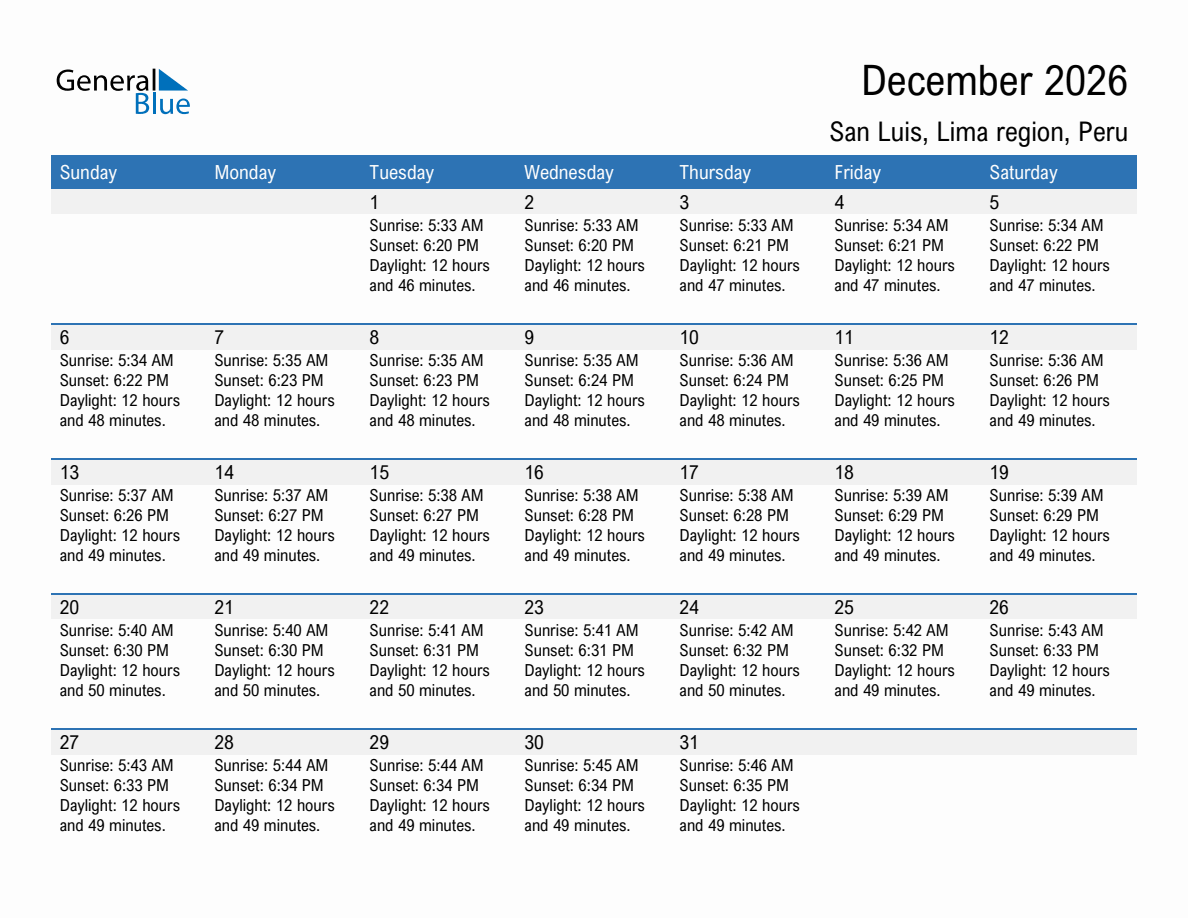 December 2026 sunrise and sunset calendar for San Luis