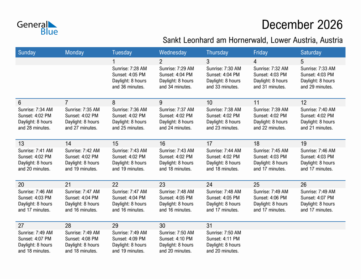 December 2026 sunrise and sunset calendar for Sankt Leonhard am Hornerwald