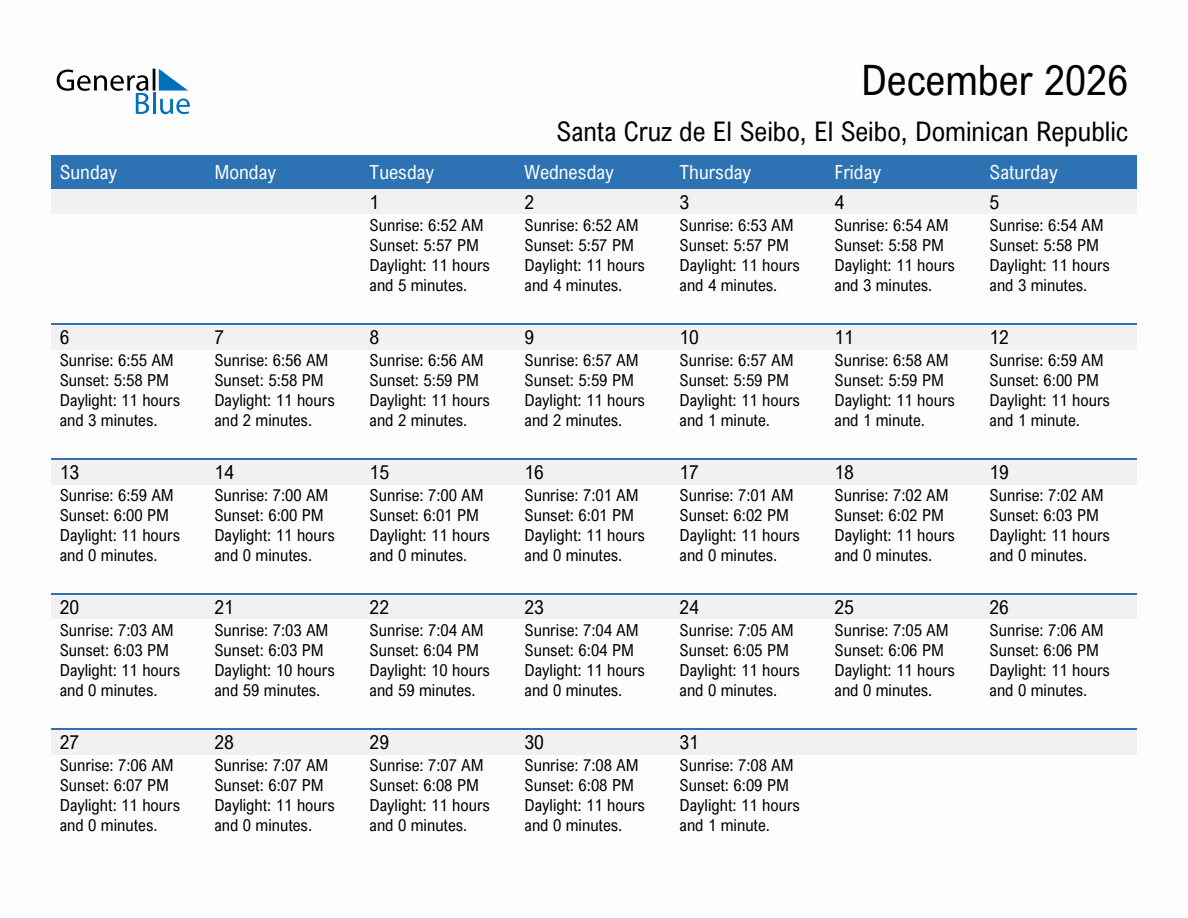 December 2026 sunrise and sunset calendar for Santa Cruz de El Seibo