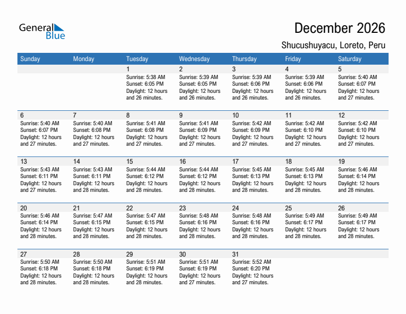 Shucushuyacu December 2026 sunrise and sunset calendar in PDF, Excel, and Word