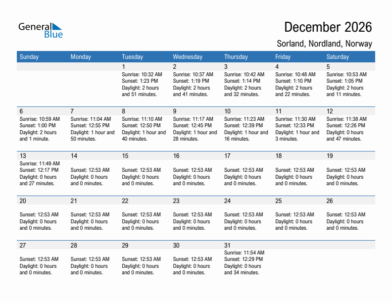 Sorland December 2026 sunrise and sunset calendar in PDF, Excel, and Word