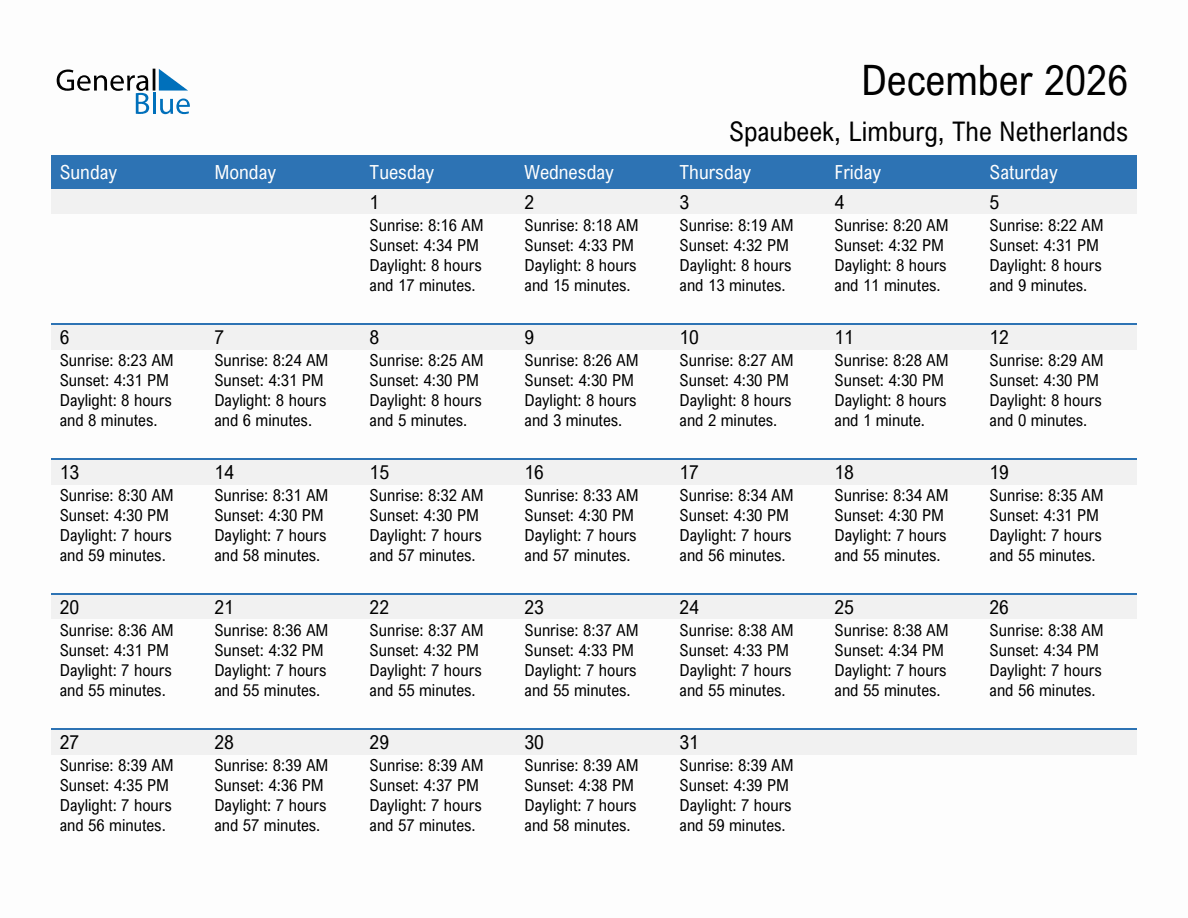 December 2026 sunrise and sunset calendar for Spaubeek