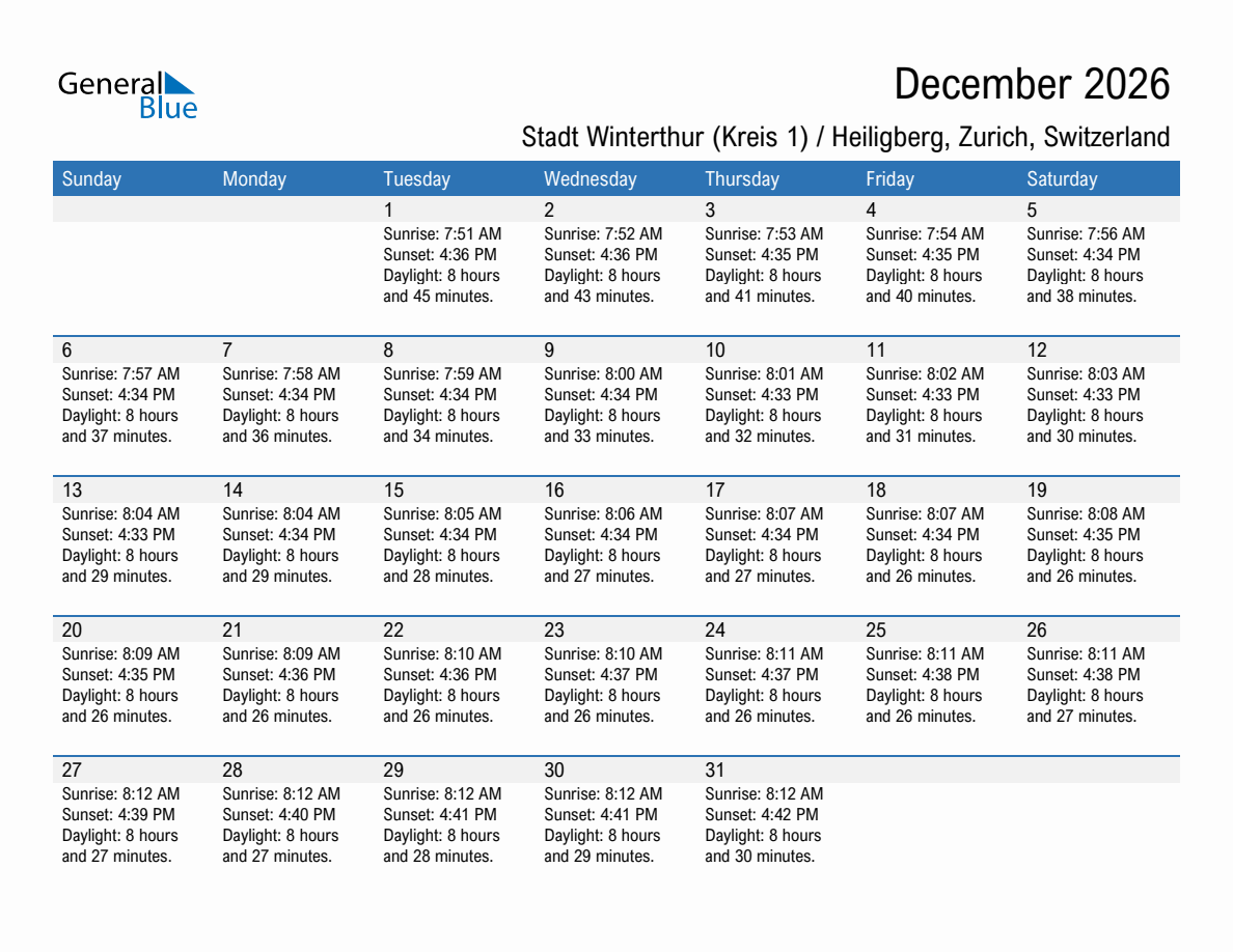 December 2026 sunrise and sunset calendar for Stadt Winterthur (Kreis 1) / Heiligberg