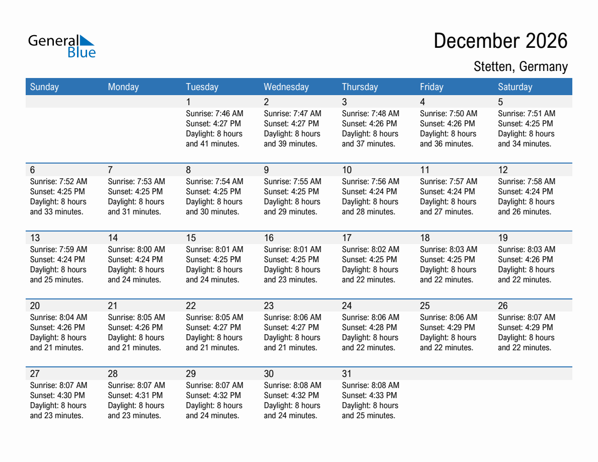 December 2026 sunrise and sunset calendar for Stetten