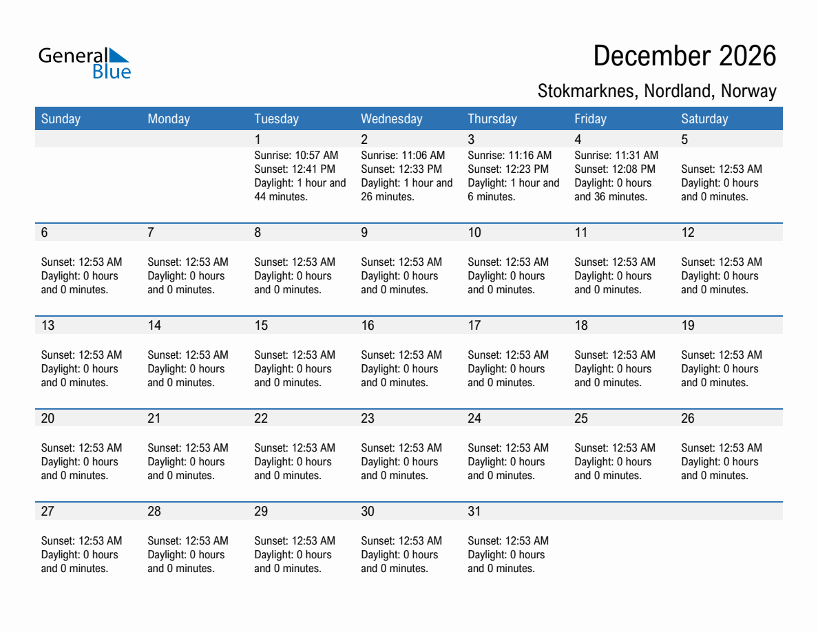 December 2026 sunrise and sunset calendar for Stokmarknes