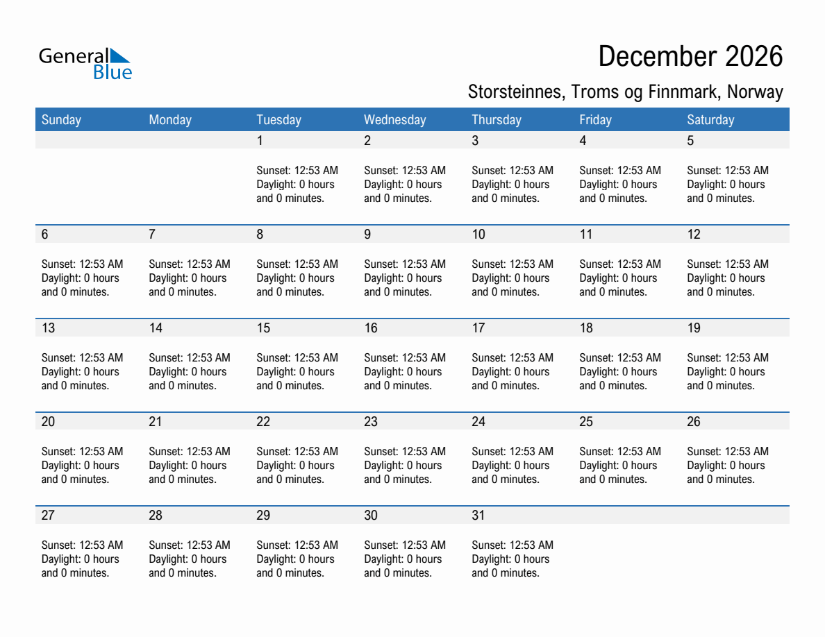 December 2026 sunrise and sunset calendar for Storsteinnes