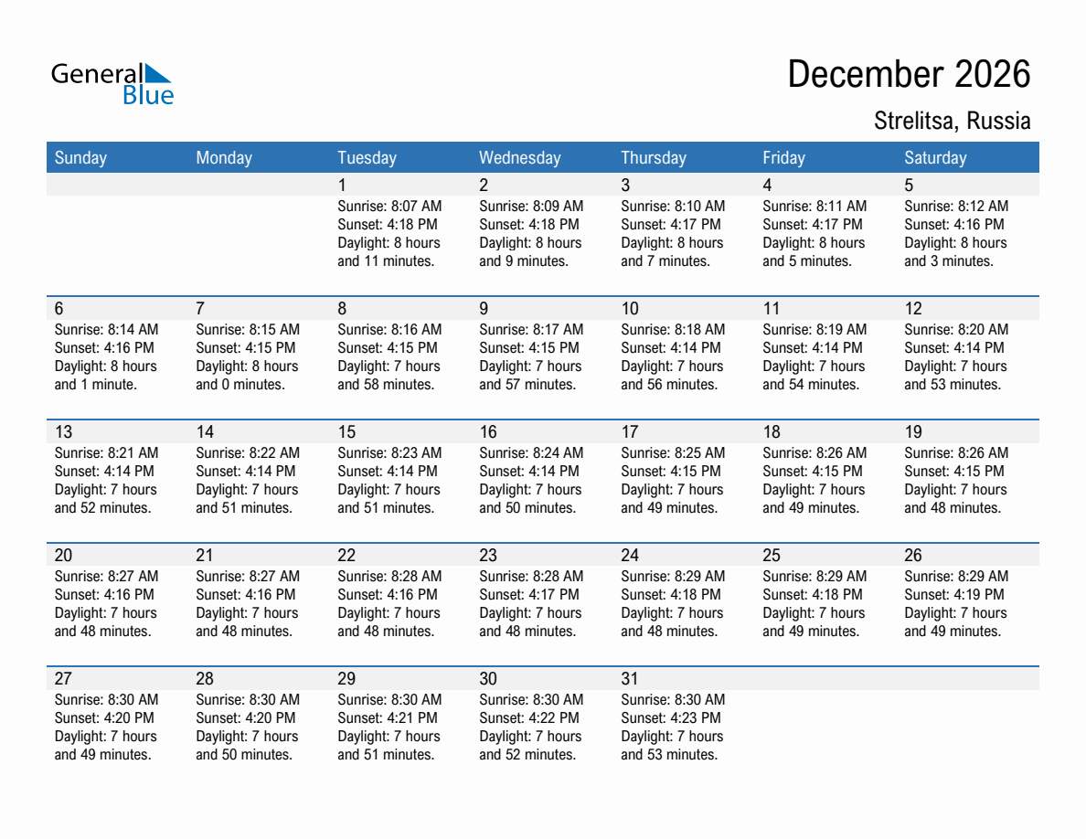 December 2026 sunrise and sunset calendar for Strelitsa