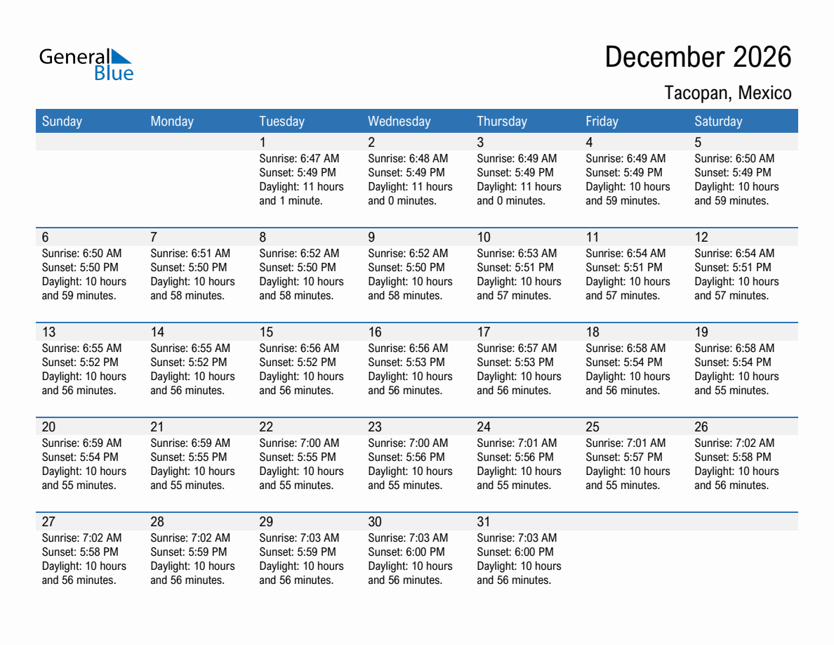 December 2026 sunrise and sunset calendar for Tacopan