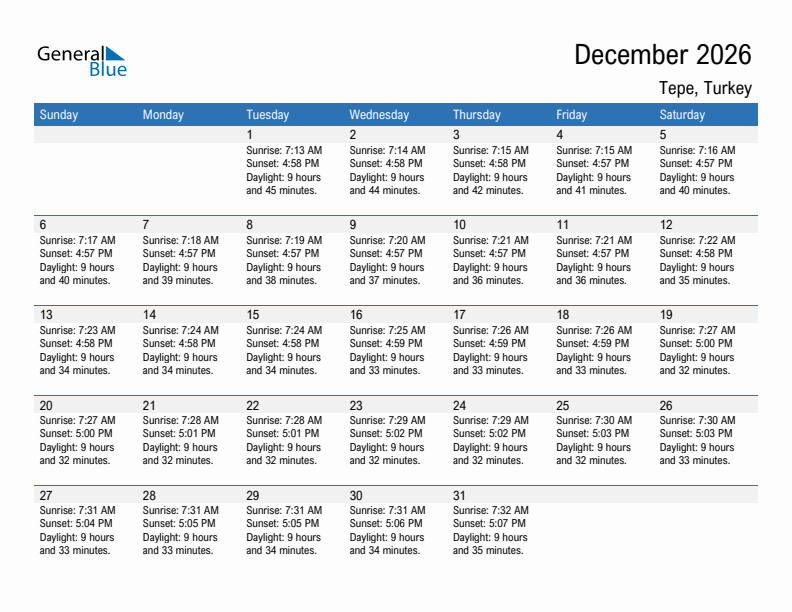 Tepe December 2026 sunrise and sunset calendar in PDF, Excel, and Word