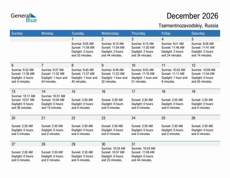 Tsementnozavodskiy December 2026 sunrise and sunset calendar in PDF, Excel, and Word
