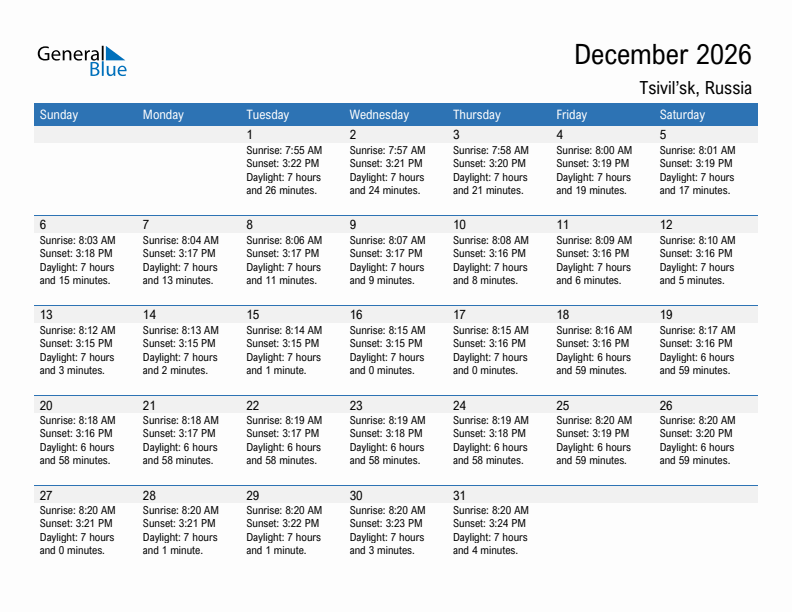 Tsivil'sk December 2026 sunrise and sunset calendar in PDF, Excel, and Word