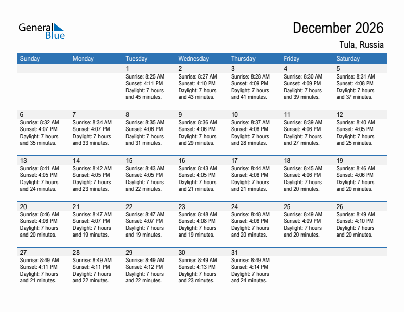 Tula December 2026 sunrise and sunset calendar in PDF, Excel, and Word