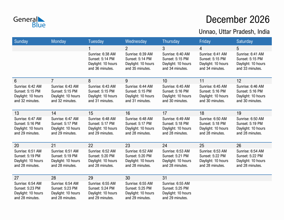 December 2026 sunrise and sunset calendar for Unnao