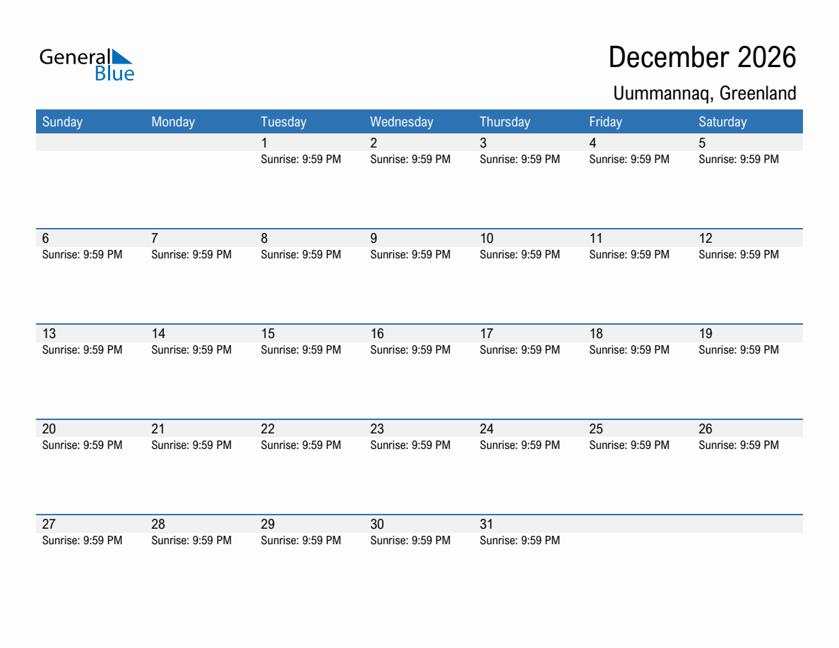December 2026 sunrise and sunset calendar for Uummannaq