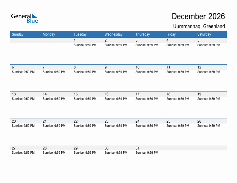 Uummannaq December 2026 sunrise and sunset calendar in PDF, Excel, and Word